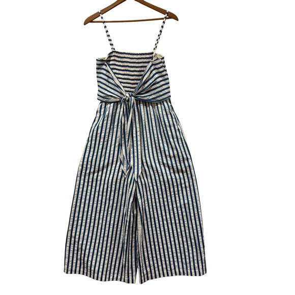 Doe and Rae Pants - Doe and Rae Navy White Striped Smocked Wide Leg Jumpsuit Small Front Tie Cropped